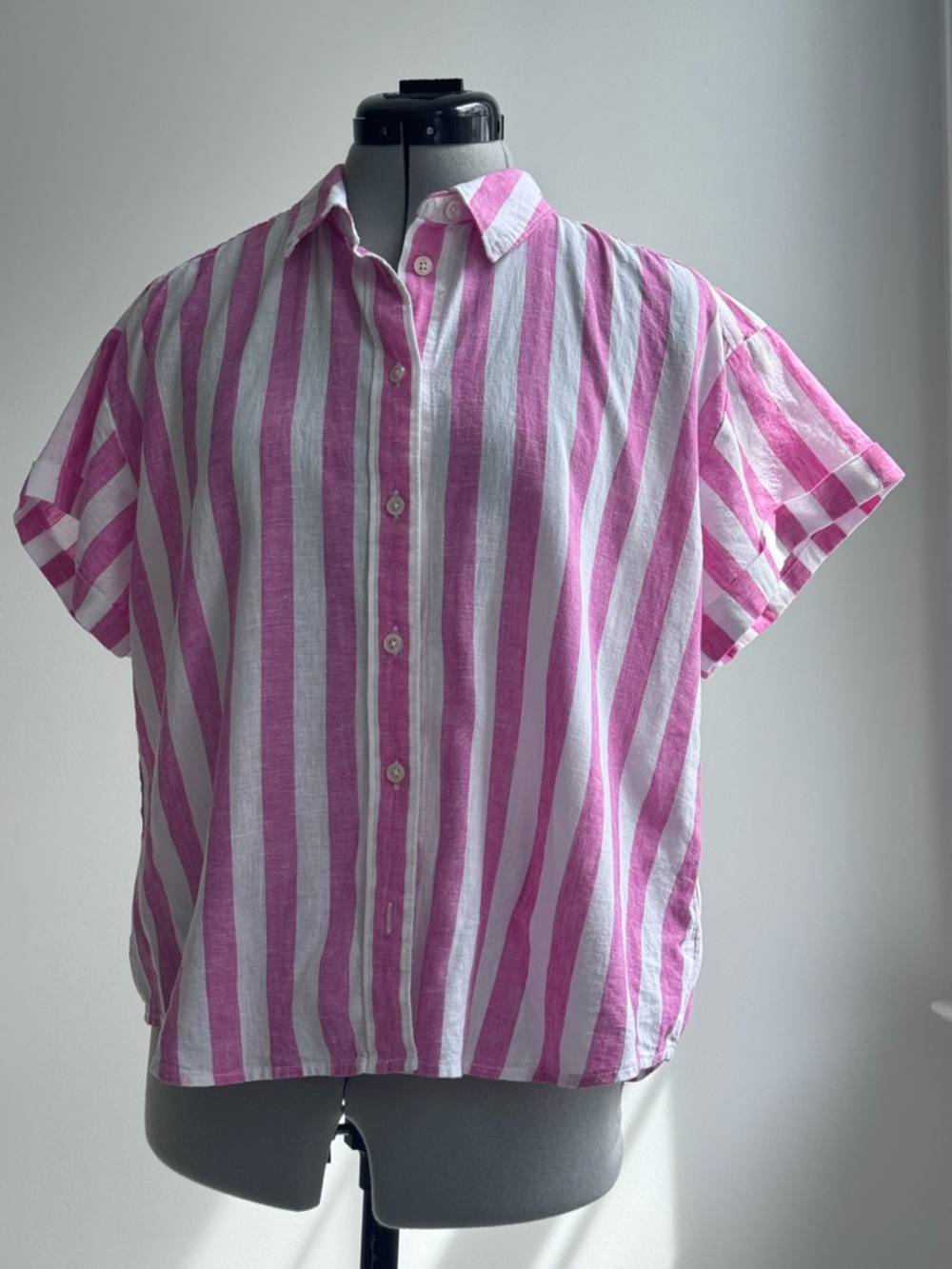 J.Crew Pink White Stripe Linen Blend Button Front Shirt Short Sleeve Size M